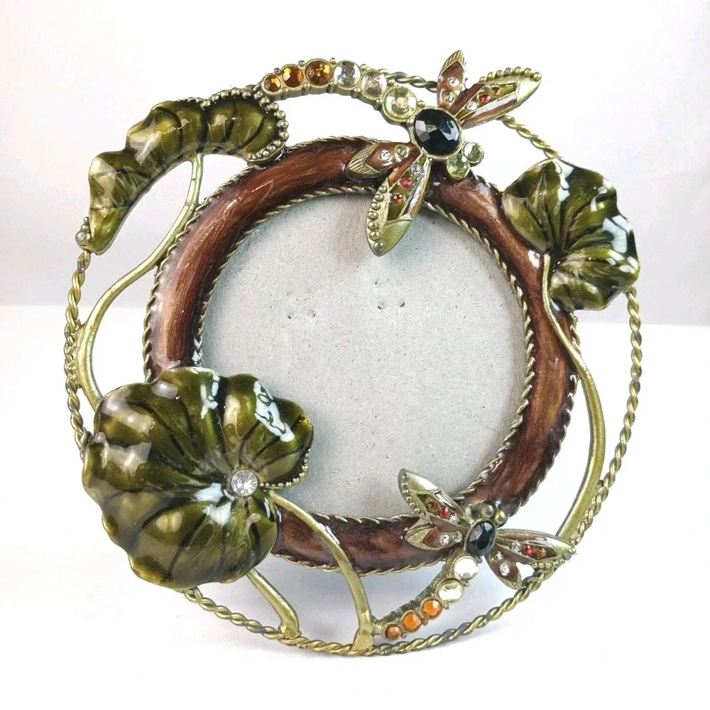 VTG Enameled Metal Jeweled Flowers Dragonflies Round Picture Photo Frame Boho